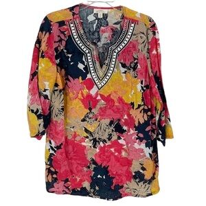 100% Linen Beaded Floral Print Tunic Top - Womens Charter Club Luxury - Sz 1X